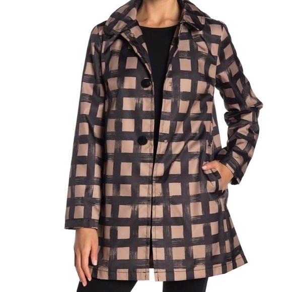 Kate Spade Black and Tan Grid Water-Resistant Rain Jacket